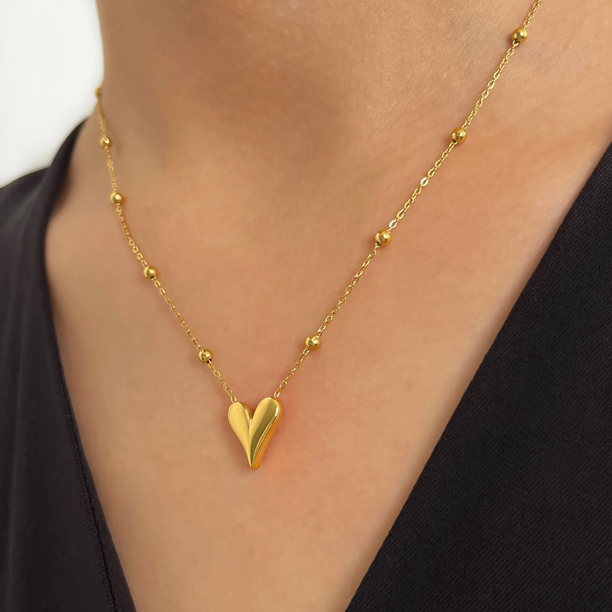 Delicate Gold Bead Chain Heart Necklace